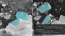 Side-by-side satellite images of the Sulzberger Ice Shelf taken on different days. The image on the left is labeled "March 11, 2011" in its top left corner. The image on the right is labeled "March 16, 2011" in its top left corner. A gray circle in the bottom left corner has the letter "N" and an arrow pointing in the southwest direction. On its right is a small white bar that is labeled "5 km." Text in the bottom right corner reads "NASA and ESA satellites show that five days after the initial tsunami, two icebergs—each the size of Manhattan—had separated from the coast."