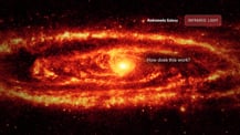 Image of the Andromeda Galaxy. Text in the top right corner reads "Andromeda Galaxy." A red box to the right has text that reads "Infrared Light." Text toward the center right reads "How does this work?"