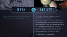 A simple chart with two columns, each with a header image: a mythical drawing on the left and an artist's concept of Jupiter and Saturn on the right. The "Myth vs. Reality" logo appears toward the chart's top, with "Myth" positioned at the top of the left column, and "Reality" positioned at the top of the right column. Both columns have text.