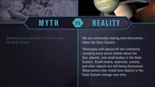 A simple chart with two columns, each with a header image: a mythical drawing on the left and an artist's concept of Jupiter and Saturn on the right. The "Myth vs. Reality" logo appears toward the chart's top, with "Myth" positioned at the top of the left column, and "Reality" positioned at the top of the right column. Both columns have text.