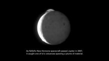 Image of a volcano on Jupiter's moon Io. Text at bottom reads "As NASA's New Horizons spacecraft passed Jupiter in 2007, it caught one of Io's volcanoes spewing a plume of material."
