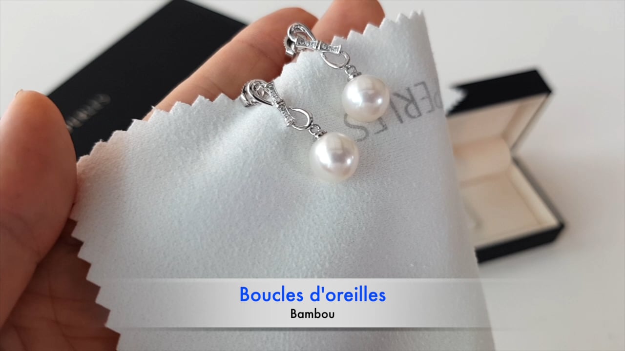 Orecchini Bambù - Oro Bianco, Diamanti & Perle Akoya 9/9.5mm, Bianca, AAA | Gemperles