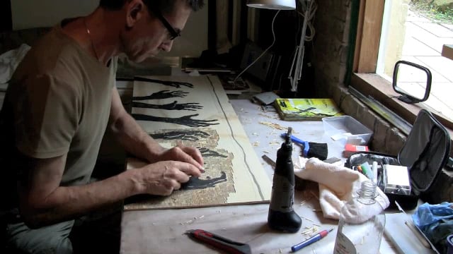 Woodblock carving for 'Reaching'