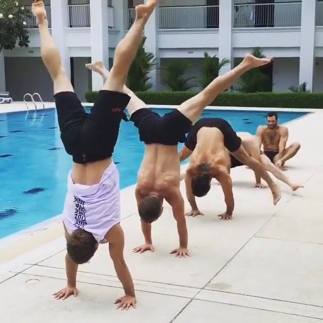 Straddle Split Pose In Handstand, Downward Facing Tree