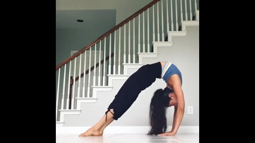 Standing Forward Bend, Straddle Split Pose In Handstand, Upward Facing Dog Variation, Full Pigeon, Bow, Child's Pose, Hare, Dolphin, Straddle Split Pose In Handstand Variation, Wheel Variation, Big Toe Variation, Knee to Ear, Full Boat Variation 