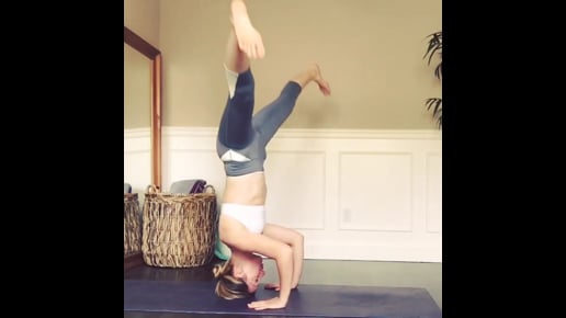 Wide Legged Forward Bend, Supported Headstand Variation