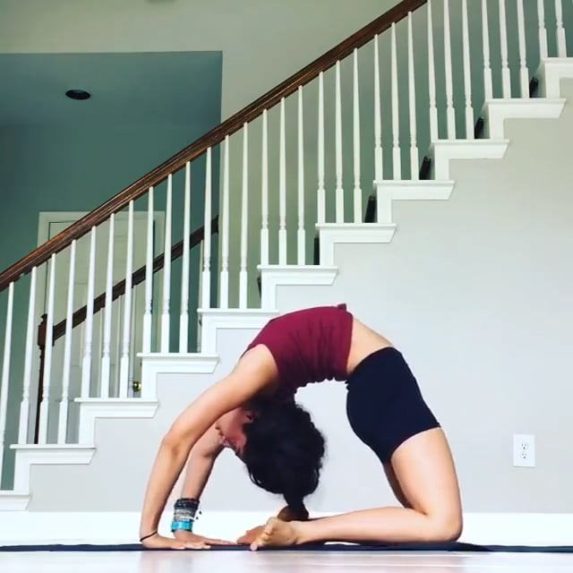 Reclined Hero, Camel Variation, Dove, Wheel Variation, Standing Forward Bend, Downward Facing Tree Variation