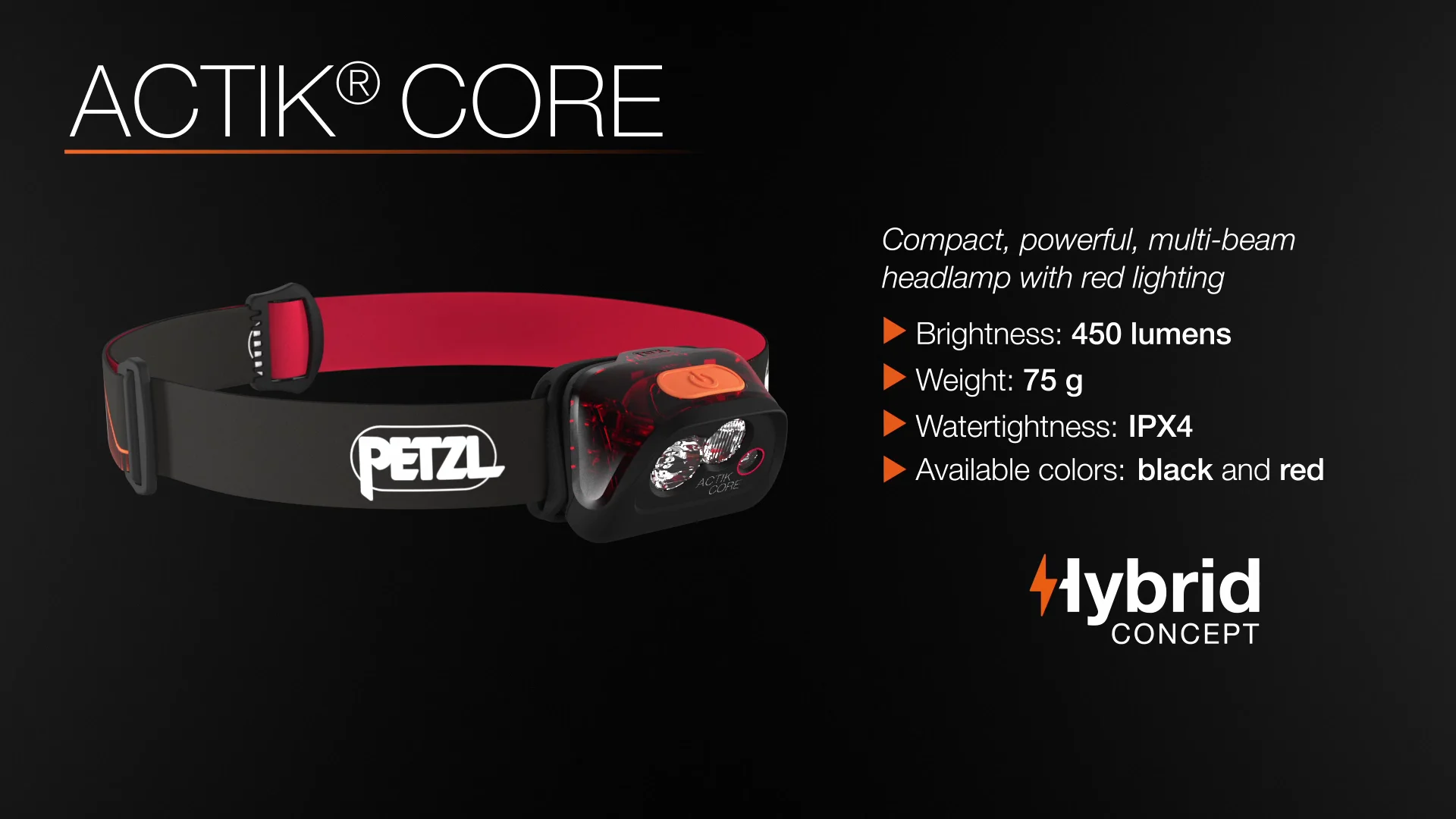 Lampe frontale hybride Petzl ACTIK CORE Rouge