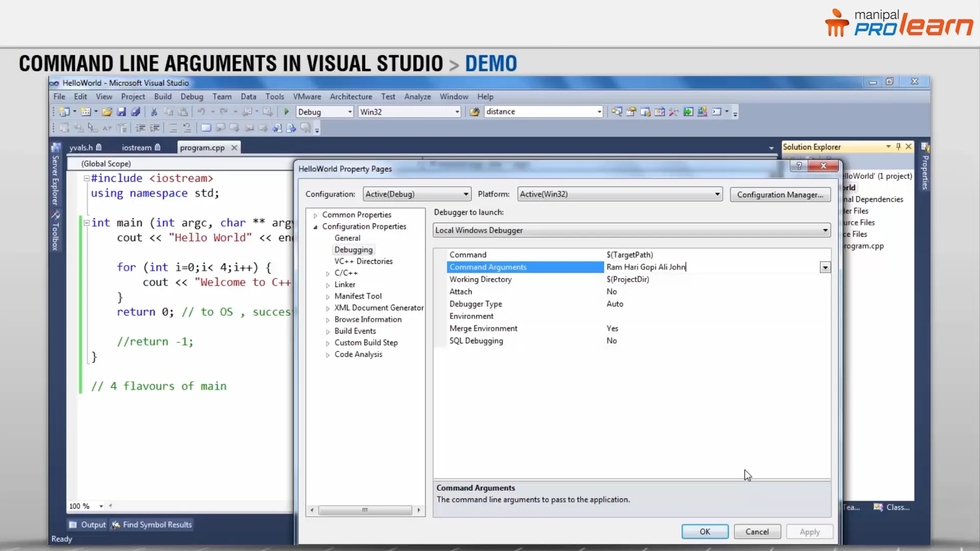 M2L1L7-Command Line Arguments in Visual Studio Demo on Vimeo