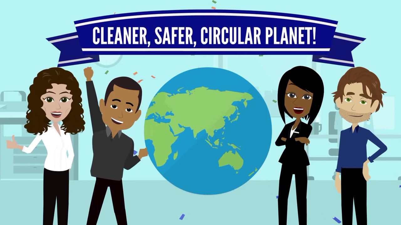 Employees stand under a banner that reads Cleaner, Circular Planet