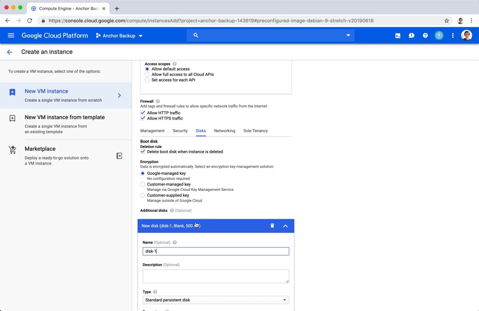 Google Cloud New VM Instance