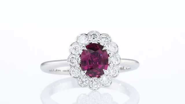 Scalloped Oval Red Ruby & Round Brilliant Diamond Halo Ring, SKU 398948  (1.28Ct TW)