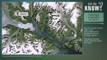 At left is a satellite image of a portion of Greenland with a feature labeled "Glacier." In the top right corner is the "Did You Know?" logo. Just below is a green box with text that reads "Icebergs originate on land." More text appears below.