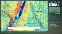 At left is a map of the ocean floor near New Zealand with labeled features. In the top right corner is the "Did You Know?" logo. Just below is a green box with text that reads "We can use Earth's gravity to map the sea floor." More text appears below.