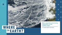 Against a blue background is a satellite image of a section of the ocean. To the lower right of the image is a white box with text. Toward the bottom left corner is the "Where on Earth?" logo.