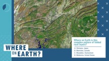 Against a blue background is a satellite image of mountains. To the lower right of the image is a white box with text. Toward the bottom left corner is the "Where on Earth?" logo.