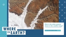 Against a blue background is a satellite image of a section of Peru with clouds. To the lower right of the image is a white box with text. Toward the bottom left corner is the "Where on Earth?" logo.