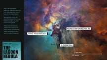 At left is text. In the bottom left corner is a blue-green box with text that reads "Cosmic Tour, The Lagoon Nebula." At right is an image of the Lagoon Nebula with labeled features. In the bottom right corner is a scale bar.