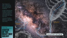 At left is text. In the bottom left corner is a blue-green box with text that reads "Cosmic Tour, Center of the Milky Way Galaxy." At right is an image of a section of the Milky Way galaxy with labeled constellations.