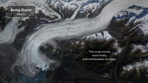 Satellite image of Bering Glacier. A gray box in the top left corner has text that reads "Bering Glacier, Alaska." Text toward the bottom reads "The crust moves more freely, and earthquakes increase."