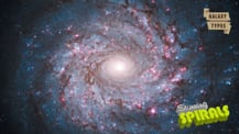Image of a spiral galaxy. A scroll graphic in the top right corner has text that reads "Galaxy Types." White and yellow text in the bottom right corner reads "Stunning Spirals."