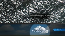 The top portion shows a satellite image of clouds. Toward the bottom is a different image of clouds with one highlighted and labeled "Cumulus." A blue label on the right points to the highlighted cloud and has text that reads "Low Clouds."