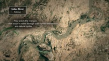 Satellite image of a winding river. A gray box in the top left corner has text that reads "Indus River, Pakistan." More text appears below.