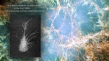 A close-up of the Crab Nebula overlaid with a black-and-white sketch of the object on the left. Text in the top left corner reads "In a sketch made by an astronomer in the mid-1800s, the supernova remnant resembled a crab."