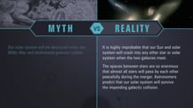 A simple chart with two columns, each with a header image: a mythical drawing on the left and an image of galaxies on the right. The "Myth vs. Reality" logo appears toward the chart's top, with "Myth" positioned at the top of the left column, and "Reality" positioned at the top of the right column. Both columns have text.