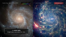 Two side-by-side images of spiral galaxy M101 as seen in visible light by the Hubble Space Telescope and infrared light as imaged by the Spitzer Space Telescope. The image on the left has a gray box with text toward the bottom.