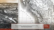 On the left is an image of a devastated area. On the right is a map of the Pacific Northwest. A white box with text is toward the bottom.
