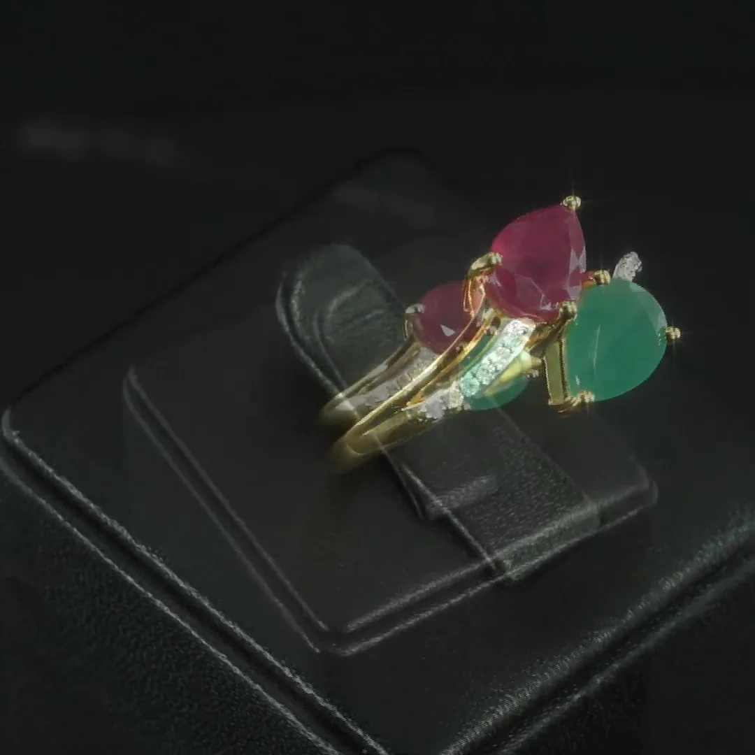 Diamond Ring with Ruby Emerald in Gold Plated Sterling Silver