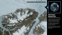 At left is a satellite image of Quttinirpaaq National Park. In the top right corner is an artist's concept of Earth. Just below is bolded text that reads "Quttinirpaaq National Park." More text appears below.