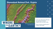 Against a blue background is a satellite image of mountains. Just above is text that reads "Shenandoah National Park, Virginia." To the lower right of the image is a white box with text. Toward the bottom left corner is the "Where on Earth?" logo.