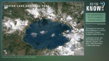 At left is a satellite image of Crater Lake. In the top right corner is the "Did You Know?" logo. Just below is a green box with text that reads "The deepest lake in the U.S. is above a dormant volcano." More text appears below.