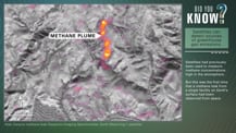 At left is a satellite image of an area with a feature labeled "Methane Plume." In the top right corner is the "Did You Know?" logo. Just below is a green box with text that reads "Satellites can detect sources of greenhouse gas emissions." More text appears below.