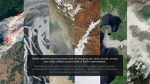 A collage of six different satellite images of Earth's atmosphere. Text in the bottom half reads "NASA satellites are important tools for imaging ash, dust, clouds, smoke, and other visible components of Earth's atmosphere." More text appears below.