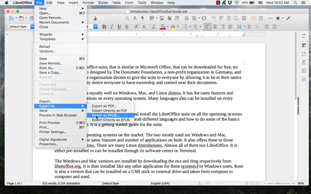 Export as EPUB in LibreOffice Writer