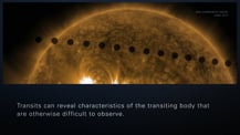 Artist's concept of a star overlaid with a transit path. Text toward the bottom reads "Transits can reveal characteristics of the transiting body that are otherwise difficult to observe."