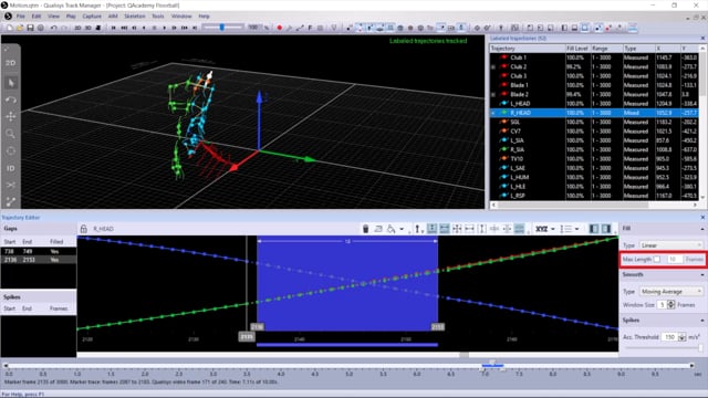 How to use the trajectory editor: gap-filling | Qualisys
