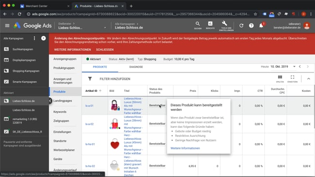 Shopping Ads anlegen im Liebes-Schloss Konto