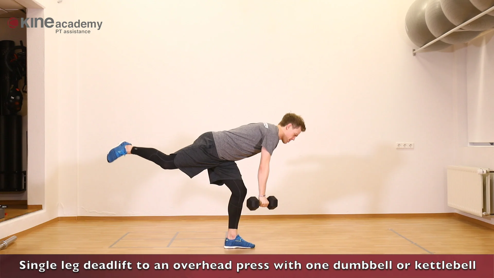 Single leg deadlift to a overhead press with one dumbbell or kettlebell