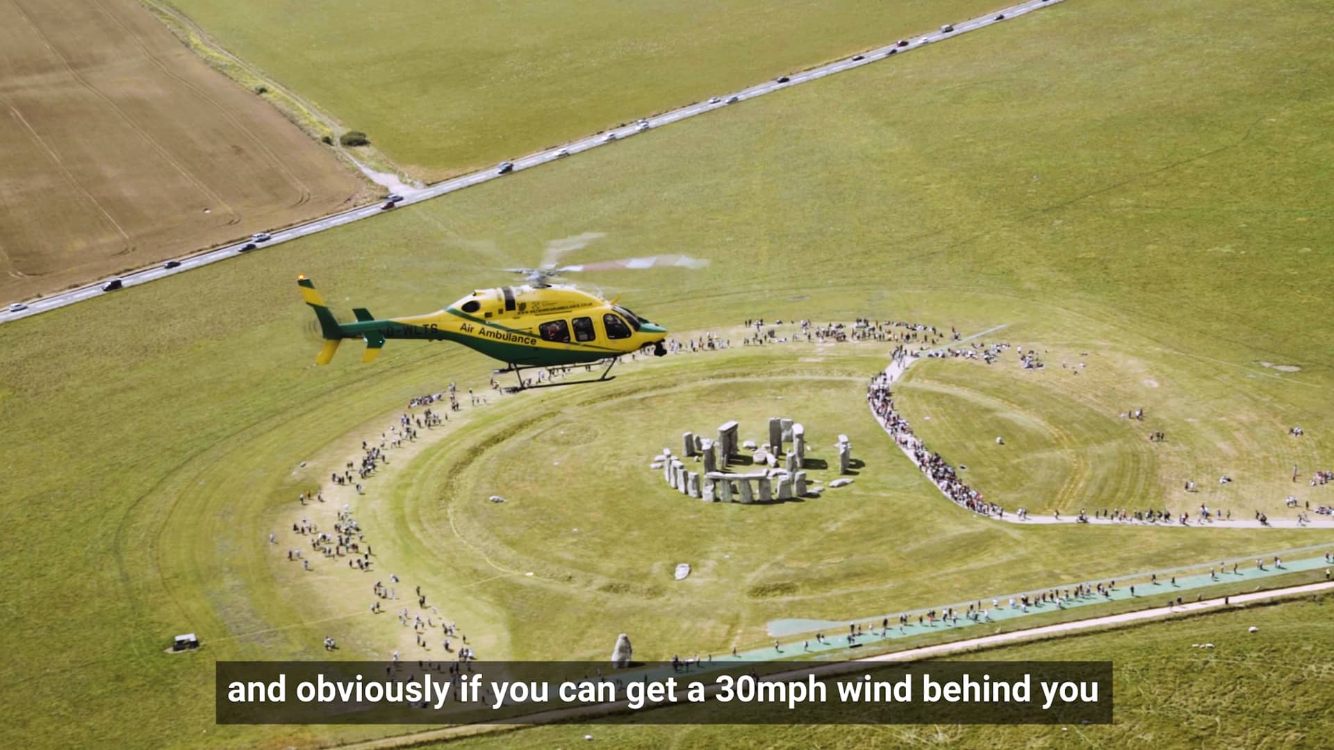 Wiltshire Air Ambulance helicopter flying over Stonehenge, from Jooka’s film