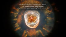 Image of gas and dust forming a bubble-like structure as it is blown into space. Text at top reads "The "face" of the clown looks like a ball of twine, but is really a bubble of gas and dust being blown into space by a strong "wind" from the star."