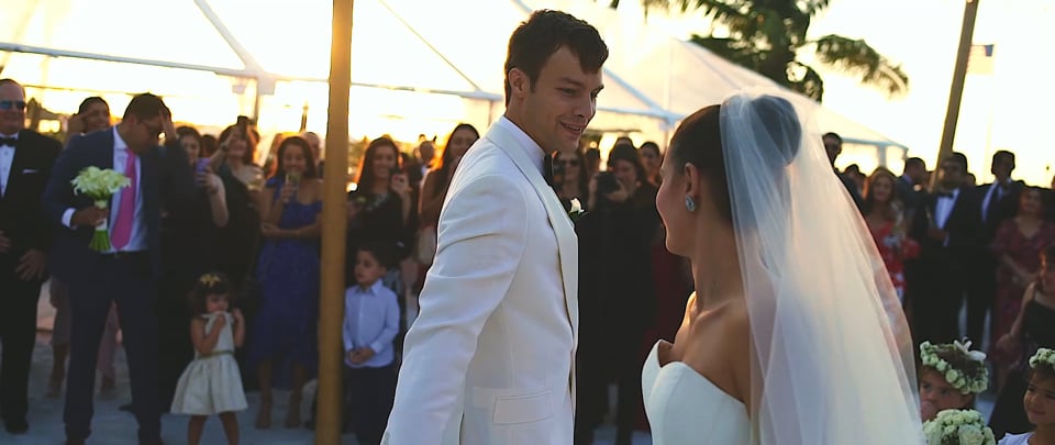First dance during sunset at a beach wedding