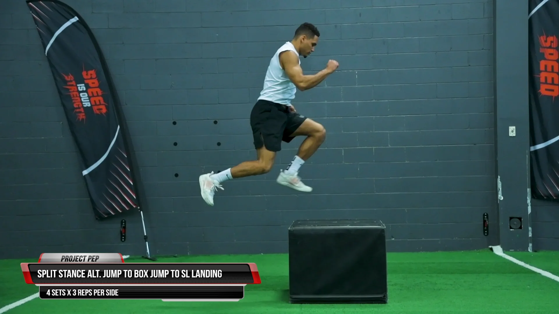 Split Stance Alternating Jump to Box Jump to Single Leg Landing