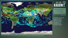 At left is a map of Earth with colorful blotches spread across in an irregular pattern. In the top right corner is the "Did You Know?" logo. Just below is a green box with text that reads "Volcanic eruptions can cool Earth's atmosphere." More text appears below.