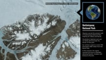 At left is a satellite image of Quttinirpaaq National Park. In the top right corner is an artist's concept of Earth. Just below is bolded text that reads "Quttinirpaaq National Park." More text appears below.