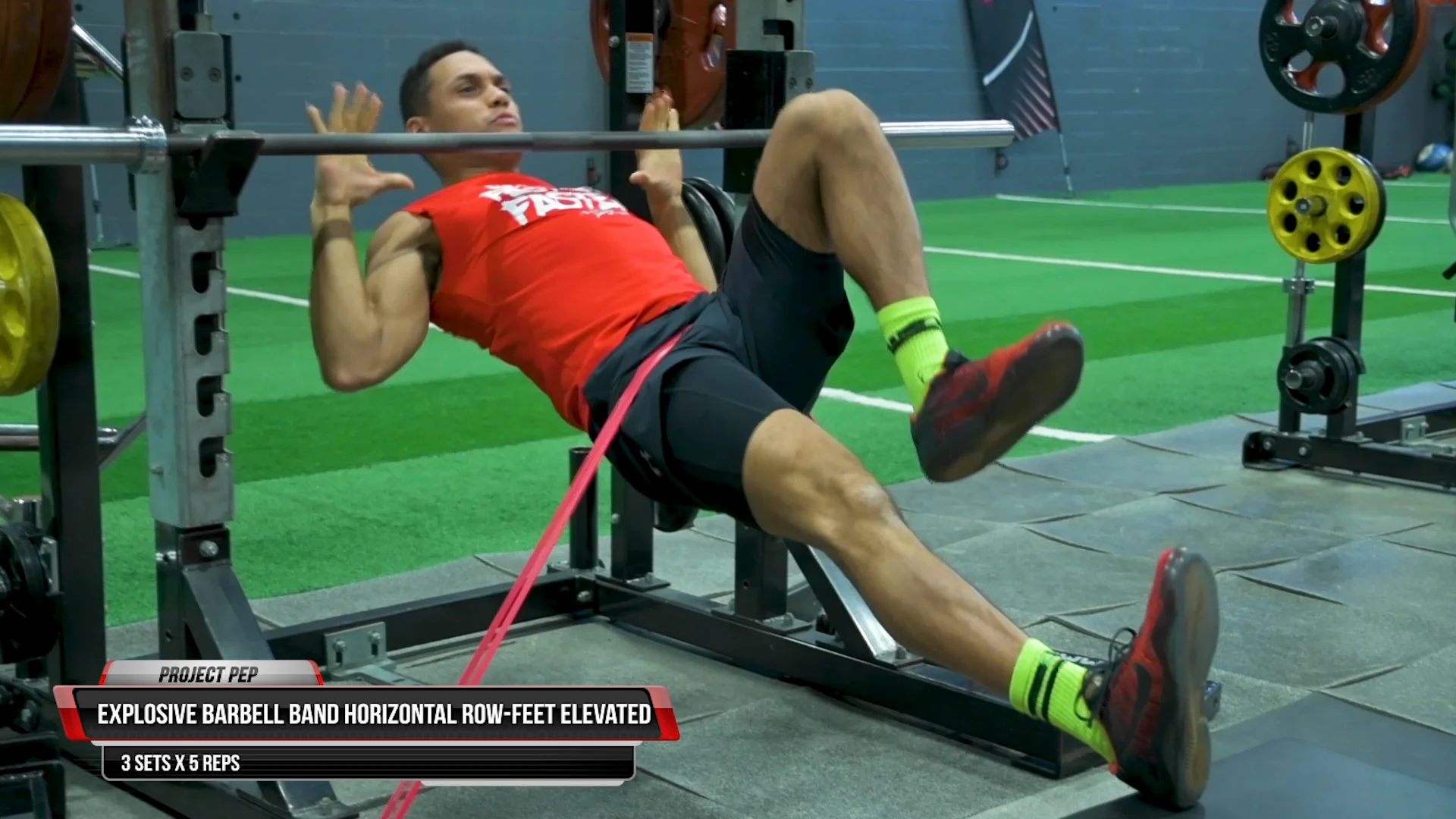 Explosive Barbell Band Horizontal Row feet Elevated