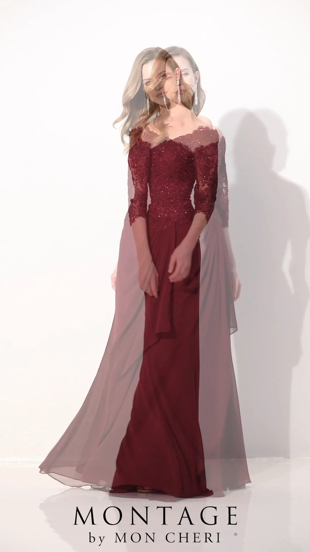 Montage By Mon Cheri 220942 - Long Chiffon, Lace , Stone Accents
